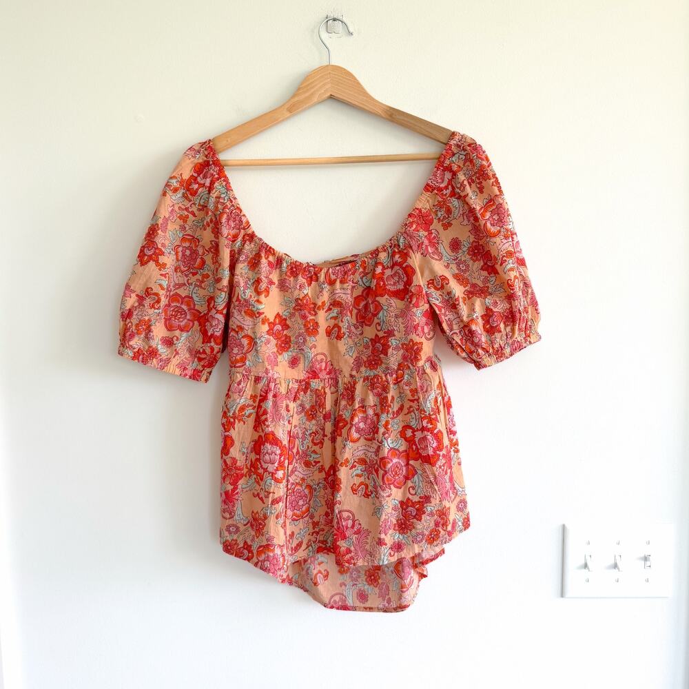 THML Floral Print Tie Open Back Puff Sleeve Peplum Blouse Orange Pink L